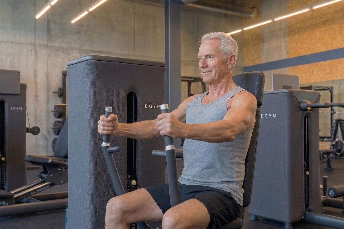 Mitglied bei einer Übung auf einem Zirkeltraining-Gerät im N1 Cumminity Gym in Hassloch