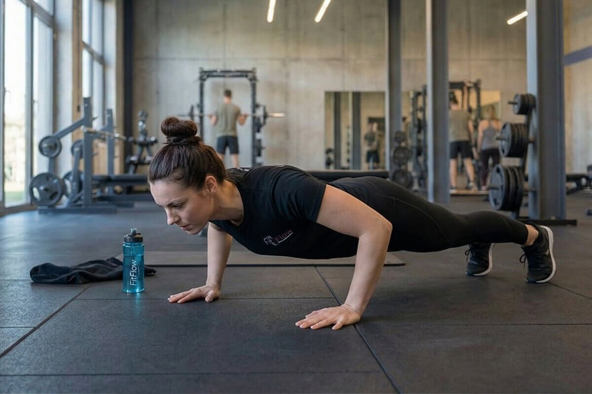 Junge Dame bei einer Liegestütz-ÜbungMitglied bei einer Übung auf einem Zirkeltraining-Gerät im N1 Cumminity Gym in Hassloch