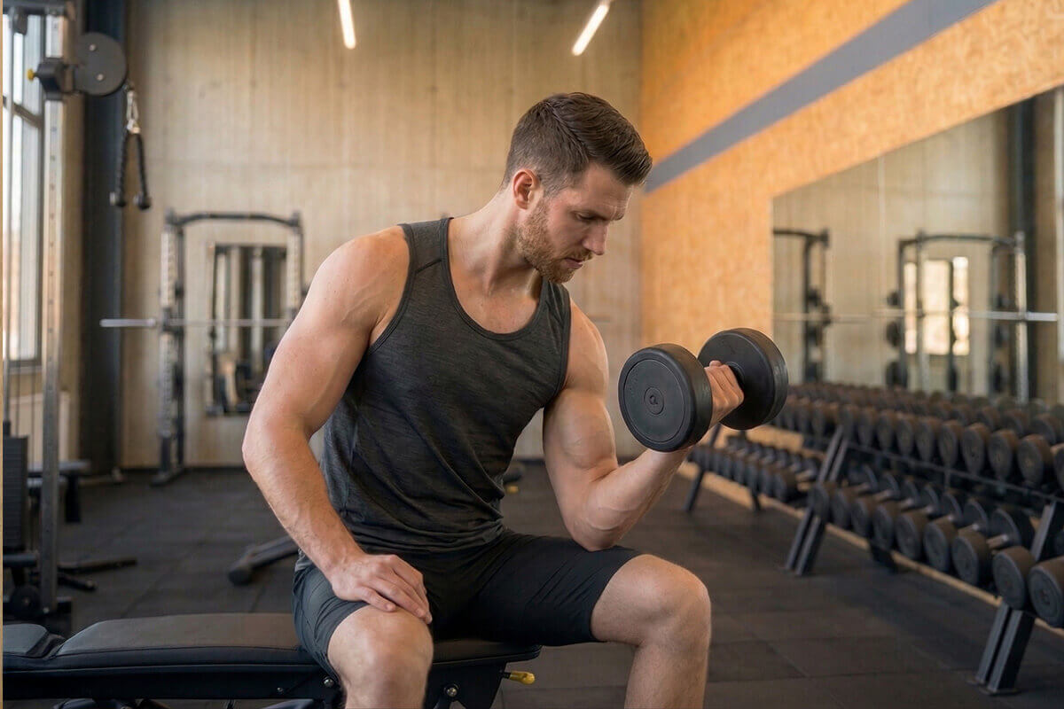 Mitglied bei einer Krafttraining-Übung mit einer Kurzhantel im N1 Cumminity Gym in Hassloch