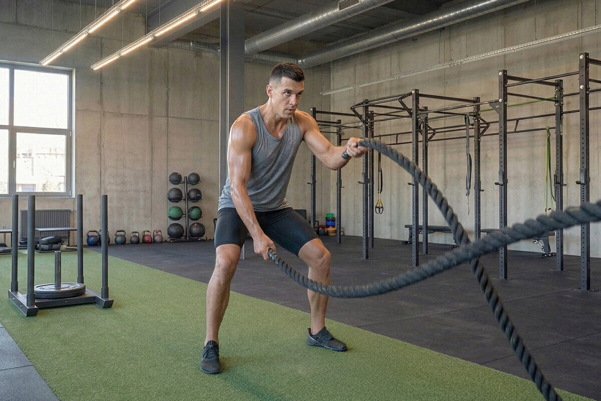 Mitglied bei einer Functional Training Übung mit Battle Ropes im N1 Cumminity Gym in Hassloch