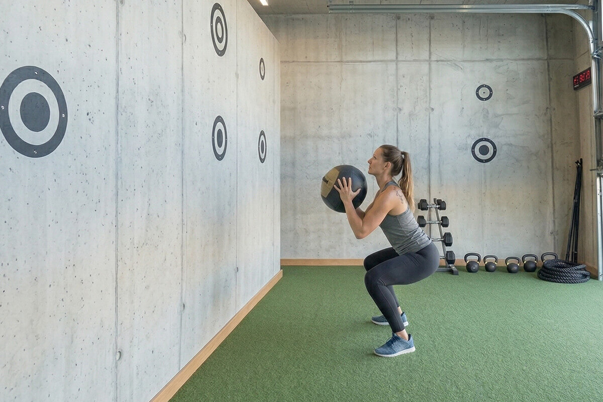 Mitglied bei einer HYROX-Übung mit einem Sandball im N1 Cumminity Gym in Hassloch