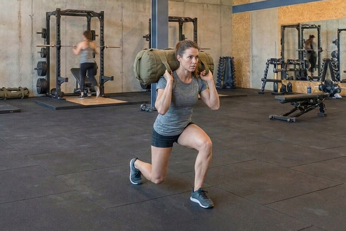 Mitglied bei einer HYROX-Übung mit einem Sandsack im N1 Cumminity Gym in Hassloch