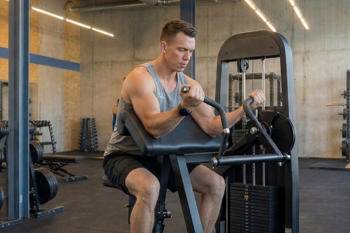 Mitglied bei einer Geräte-Übung für den Biceps im N1 Cumminity Gym in Hassloch